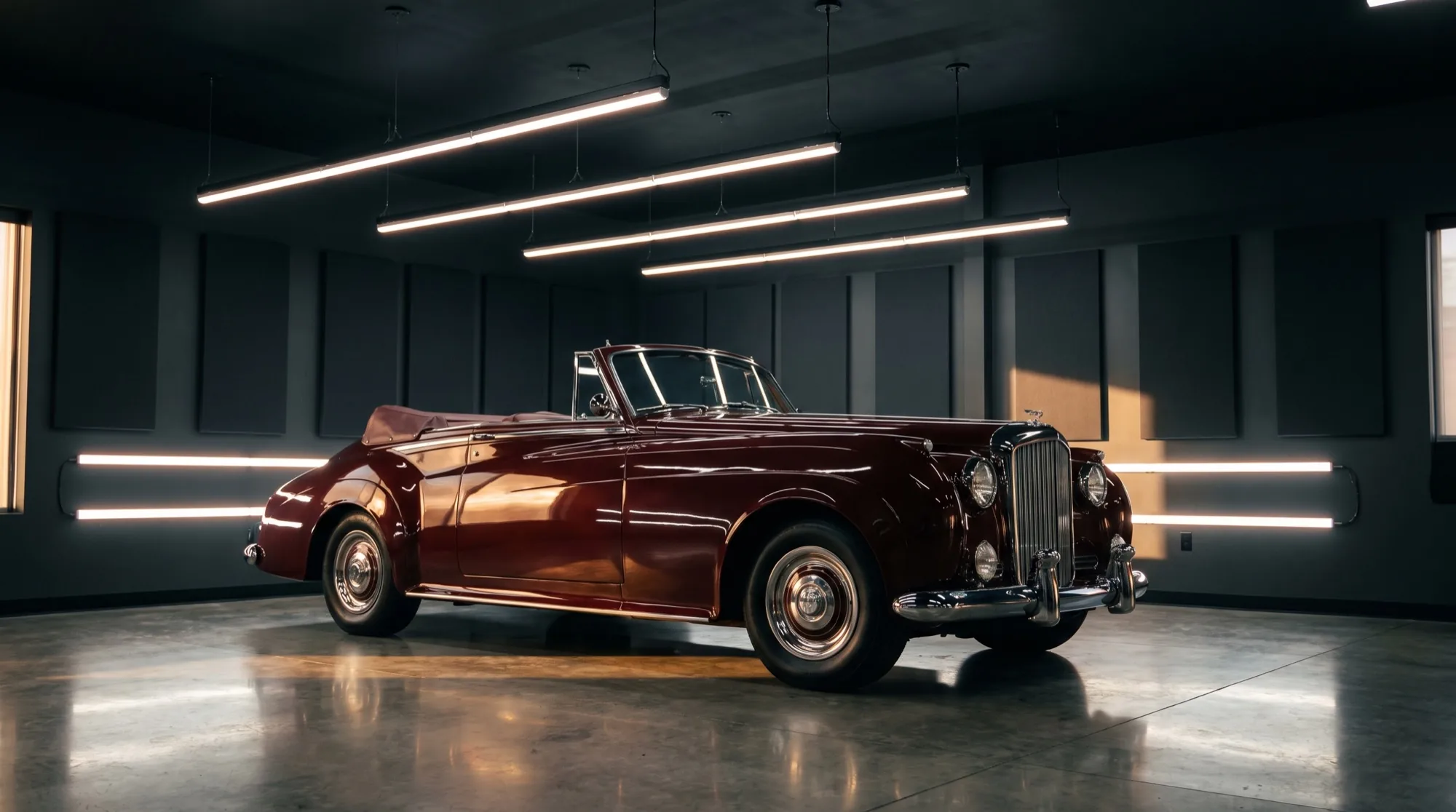 Donkerrode klassieke cabriolet in een detailingstudio, met de lichtbalken weerspiegeld in de lak en het chroom
