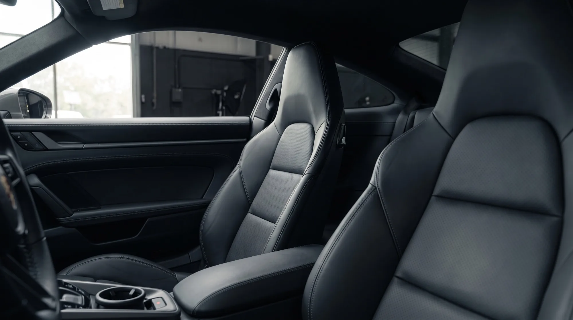 Zwart leren interieur van een sportwagen, mat afgewerkt zonder glans, met daglicht door het zijraam