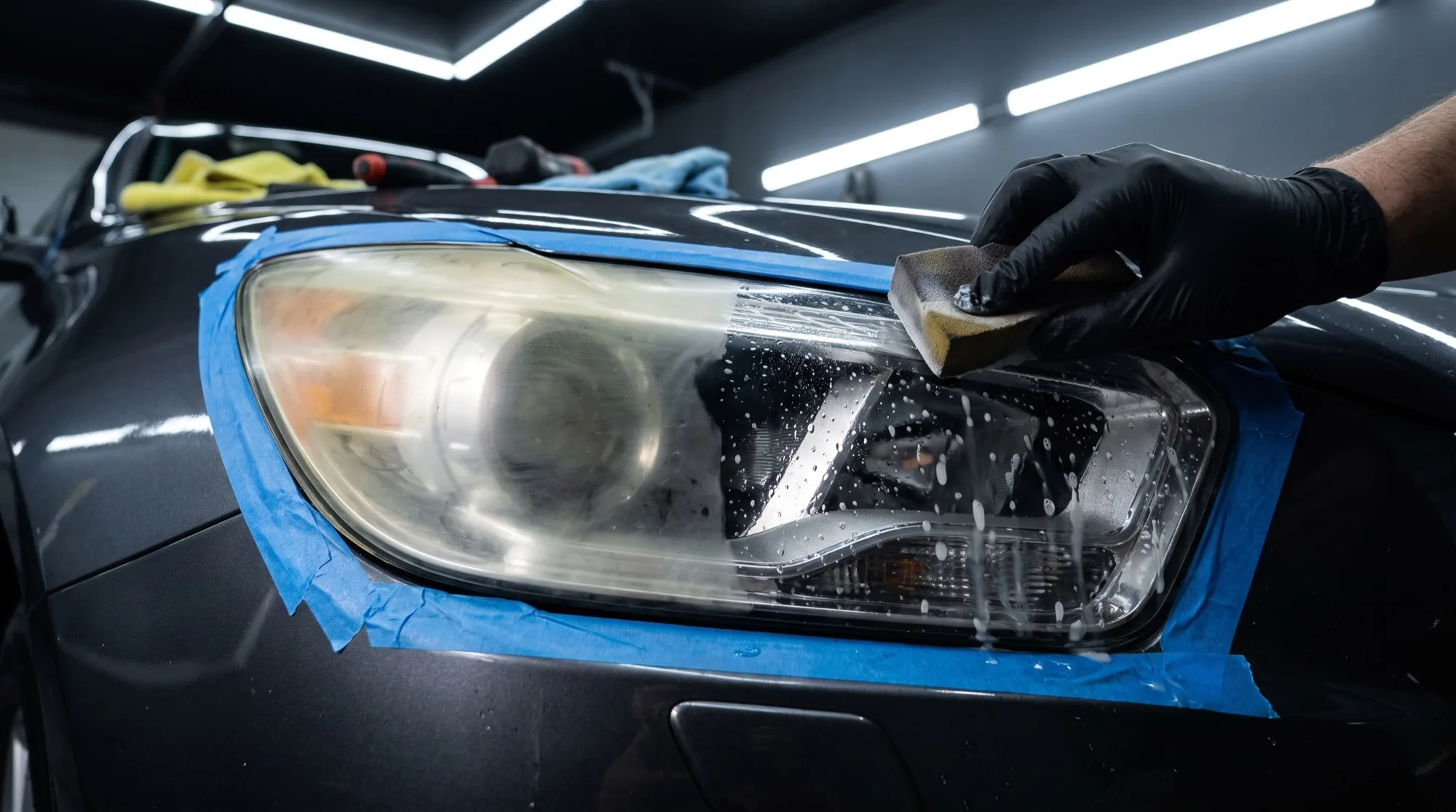 Koplamp die nat wordt geschuurd, links nog vergeeld en rechts helder, met de lak eromheen afgeplakt