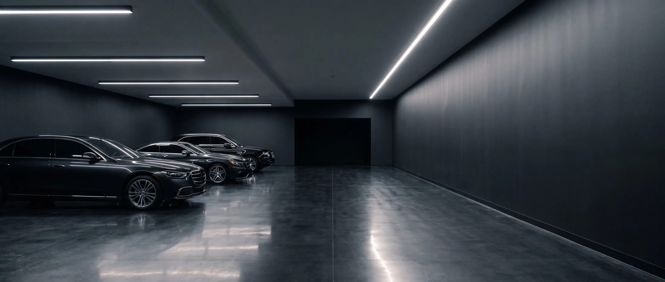Detailingstudio met meerdere auto's onder afzonderlijke lichtbalken